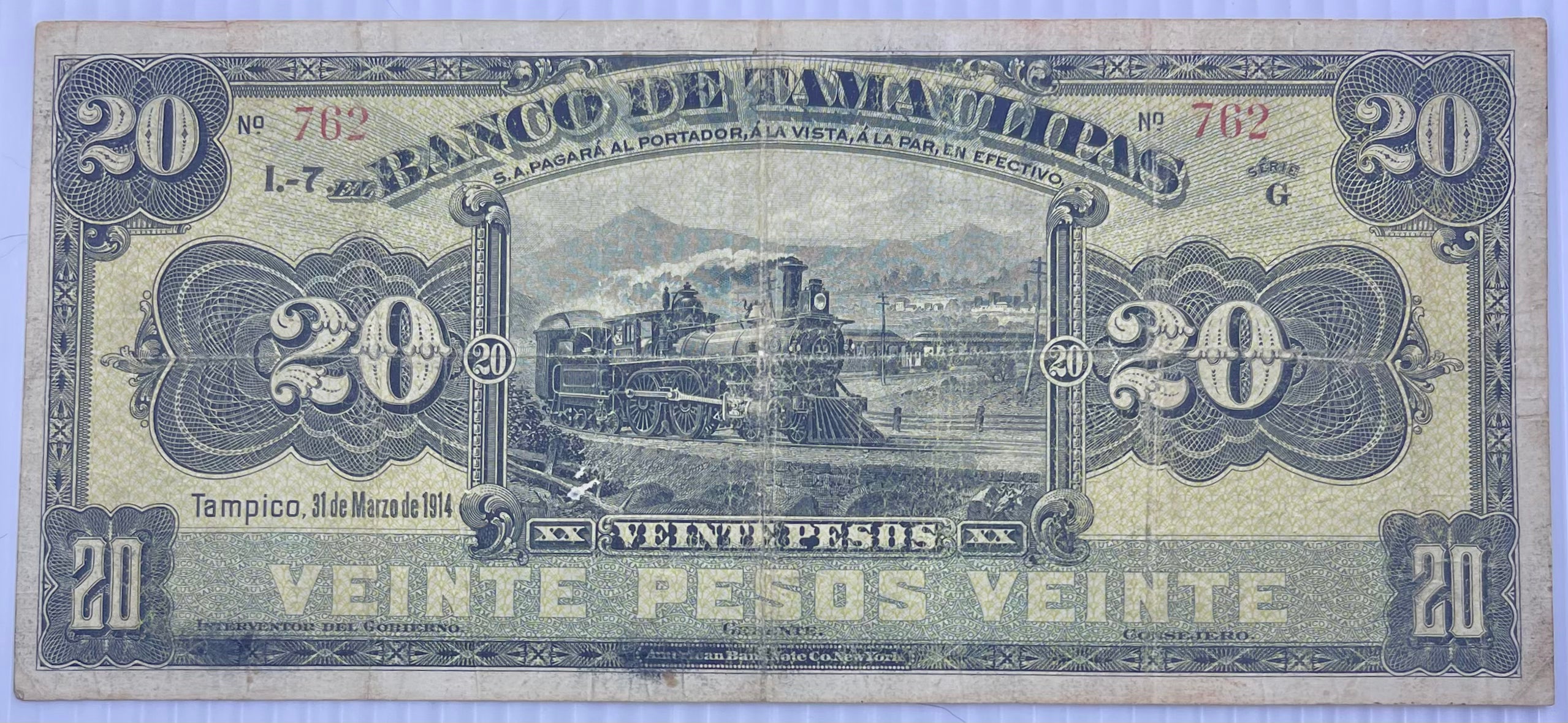 Mexico 1914 20 Pesos S-431A Used, Train 10K Made World Banknote 10K Made